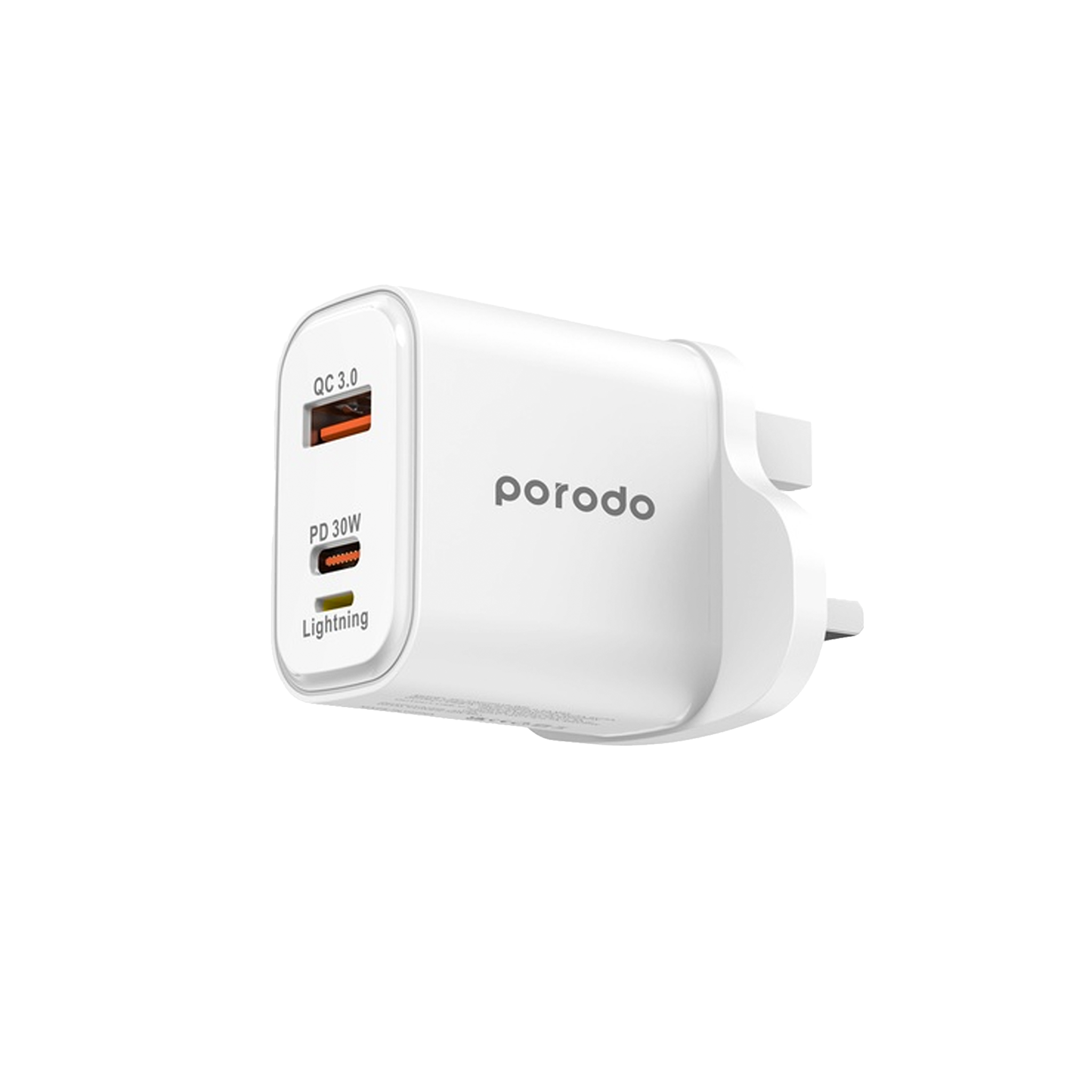 Porodo Triple Port PD QC Lightning 30W Wall Charger with Braided USB-C