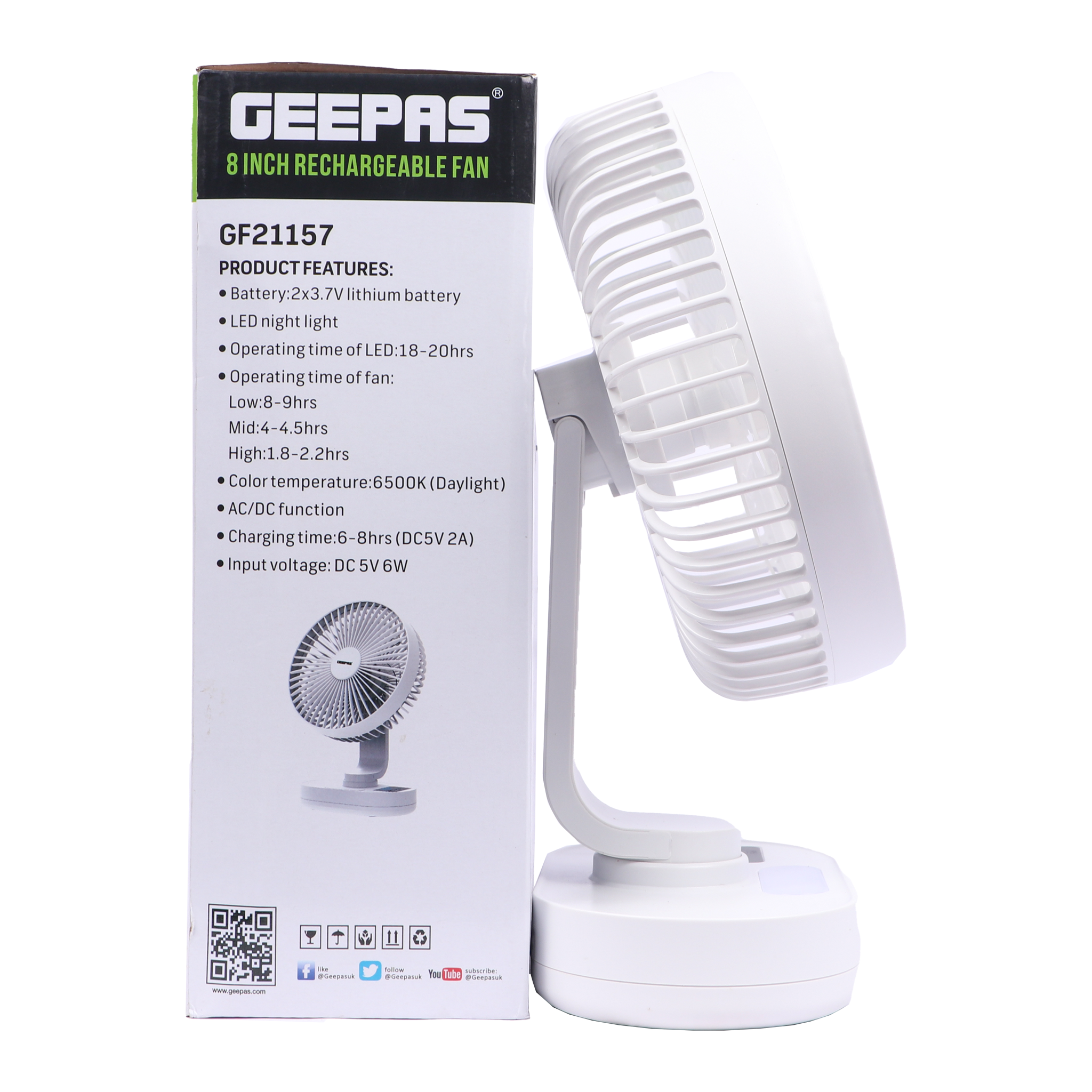 Geepas GF21157 8INCH Rechargeable Fan With LED Light