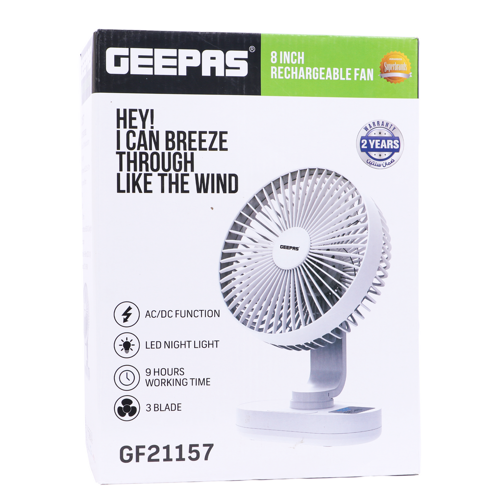Geepas GF21157 8INCH Rechargeable Fan With LED Light