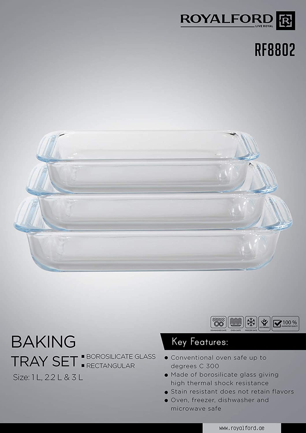 RF8802 - Brss 3Pc Rect Glass Baking Tray 1+2.2+3L